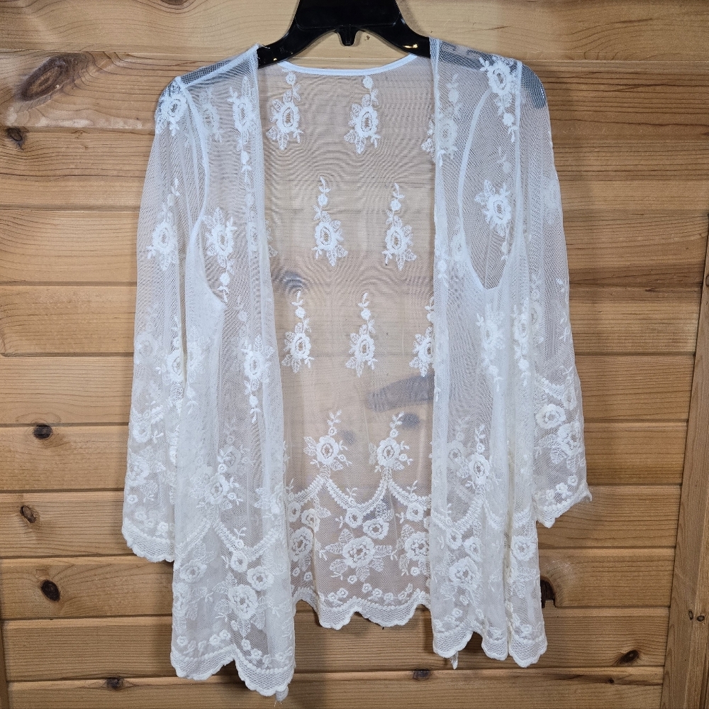 Sheer Lace Top Floral Cream Ivory Embroidered Coquette Cottage Fairy Boho M/L - Picture 1 of 6